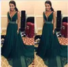 2020 A-Line Deep V-Neck Specjalne okazje Sukienki Szyfonowe Suknie Wieczorowe Hunter Green Prom Dresses Sash z koralikami cekinami