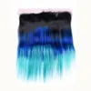 #1b/blu/verde acqua ombre dritta peli umani indiani 3bundles e radici nere frontali blu verdeo 3tone ombre chiusura frontale 13x4 con trame