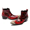 Botas de cuero genuinas de moda para hombres Tacones de metal de lujo botas de tobillo puntiagudas zapatos de boda rojos vaqueros martin botas