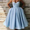 Cheap Baby Blue Cocktail Dresses With Spaghetti Straps A Line Satin Cheap Prom Dress Pleats Formal Party Dress Formal Vestidos