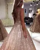 Expensive Rose Gold Sequined Prom Evening Dresses Sexy V-neck V Open Back Empire Waist Bling Party Dress For Special Occasion Long