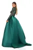 Hunter Green Mermaid Prom Klänningar med avtagbar tåg Illusion Långärmad Lace Applique Sequined Evening Gowns Plus Size Sexy Party Dress
