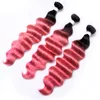 Peruvian Virgin Hair Extensions Två Tone 1B Rosa Hår Vävar Mörka Rötter Deep Wave Curly Pink Human Hair Buntlar 3st / Lot