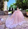 رائع استحى الوردي فساتين quinceanera تنكر قبالة الكتف منتفخ الكرة ثوب حفلة موسيقية فساتين مع يزين الحلو 16 vestidos دي 15 anos