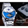 Forsining Blue Moon Phase Automatic رجالي ساعات عمل ساعة كاجوال بحزام فولاذي مقاوم للماء الرياضة الميكانيكية Relogio Masculino