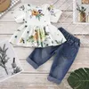 3 färger baby flicka sommar kläder uppsättningar o-neck kortärmad full blomma tryckskjorta + denim byxa sommar tjej kläder set