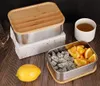 800ml Food Container Lunch Box with Bamboo Lid Stainless Steel Bento Box Wooden Top 1 layer Food Kitchen Container Easy for Take KKA7844