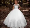 2021 Cheap In Stock Flower Girl Dresses For Wedding Cap Sleeves Lace Appliqued Little Girl's Pagenat Gown Bow Belt Puffy Princess AL2200