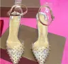 Nouveaux talons hauts en cuir véritable femme pompes cristal femme talons hauts bout pointu rivet chaussures de mariage complet original Pa loubutinly chrétiens fond rouge REI9