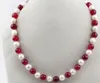 FREE SHIPPING White Freshwater Pearl and Red Round Beads Necklace