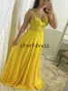 Pretty Yellow A Line Prom Dresses Long Spaghetti Straps Top Lace Appliques Full Length Chiffon Formal Evening Gowns Sexy vestidos de fiesta