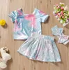 Baby Mermaid Set di abbigliamento Bambini Ragazze T-shirt colorate Gonne Bowknot Fascia Tute Estate Manica corta Top Mini abito Fascia per capelli Set BYP684