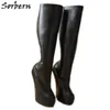 Sorbern Heavy Hoof Heelless Knä High Boots Kvinnor 9cm Tjock Plattform Låsbar dragkedja Svart Matt Tjock Foder