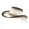 2019 블랙 스프레이 페인트 종이 밀짚 카우보이 모자 밧줄 장식 여성 남성 넓은 브림 비치 햇빛 모자 일광 파나마 재즈 모자