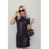 Kobiety Vintage Skórzany Patchwork Elegancka Sukienka Office Długi Rękaw O Neck Solid Casual Mini Dress Zima Nowa Moda