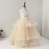 Ruffles 3D Flowers Girls Pageant Dresses 2019 Lace Crystal Beaded Three Layers Skirt Flower Girl Dresses First Holy Communion Dress