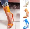2020 럭셔리 여성 하이힐 11cm 레이스 업 투명 필름 샌들,열린 발가락과 중공 발가락이있는 섹시한 여성 신발