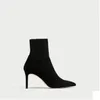 Hot Sale-European och American Style Women's Patchwock Socks Skor Ankel Boots Pekade Toes Solid High Heels Kvinnors Klänningskor