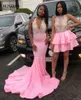 Mermaid Pink Prom Dresses 2019 Black Girls Long Jersey Abiti da festa Scollo all'americana Sheer Top Sexy Abiti da cerimonia Appliques