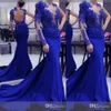 Royal Blue Mermaid Prom klänningar En axel långärmad spetsapplikationer illusion kristallpärlor blommor öppen baksida klänning kväll klänningar 403