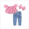 2019 Tjejer Kids Designer Kläder Satser Sommar Mode Tjejer Kläder Pigg Rosa Blus + Hål Jeans + Headband 3st Set för barnkläder