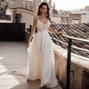 2020 dentelle bretelles Spaghetti robe de mariée Simple col en V taille Empire robe de mariée longueur de plancher Casamento mousseline de soie Abito Da Sposa