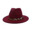 Nueva lana fedora sombrero halcones fieltro sombrero ancho mujer hombres jazz iglesia padrino Panamá gorra con cinturón de cuero leopardo
