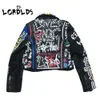 Lordlds 2019 skórzana kurtka damska Graffiti kolorowy nadruk kurtki motocyklowe i płaszcze PUNK Streetwear odzież damska