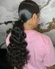 Divas hår 100% jungfru mänskligt hår lockigt våg klipp i wrap runt hästsvans förlängning för kvinnor mörkbrun (18 tum) 120g hästsvans hår bit