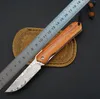 2 Handtag Färger Small Folding Blade Kniv Damascus Steel Blades Rosewood Handle EDC Verktyg med lädermantel