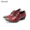 Batzuzhi 6.5cm High Heels Men's Shoes Golden Metal Toe Red Leather Dress for Men's Party & Wedding Lace-up Punk Zapatos Hombre