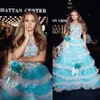 Nieuwe Blue Tull Flower Meisjes Jurken Baljurk 3D Bloemen Volledige Beaded Tiered Party Princess Jurken Meisjes Pageant Jurk