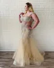 Popular Champagne Mermaid Evening Prom Dresses Boné mangas curtas corpete de cristal transparente vestido de festa formal personalizado Ma230w