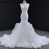 Luxe nigérian dentelle sirène robes de mariée 2020 à volants col en V mancherons dos ouvert à lacets tribunal train robe de réception de mariage de mariée