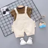 2019 trend style summer cotton round collar Little bee stripe pattern with short sleeve and Straps shorts two pieces for boys and girls