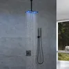 Termostatik banyo duş musluk seti siyah gizleme yağmur duş sistemi 12x8 inç duvar montajı LED duş başlığı