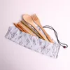 Bamboo cutlery kit knife fork spoon sets straw brush tableware travel picnic suit with canvas bag