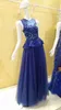 Navu Blue Mother Of The Bride Dresses Pumplet Waist Lace Crystal Beads Sheer Neckline Jewel Cap Sleeve Women Evening Gowns Wedding Guest