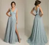 Latest Dusty Blue Bridesmaid Dresses V Neck Sleeveless Appliques Chiffon Draped Back Formal Prom Dresses with Side Split Wedding P2592