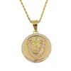 Mode- Lion Head Diamonds Hanger Kettingen Voor Mannen Westerse Dier Luxe Ketting Rvs Cubaanse Keten Ronde Dog Tag Sieraden