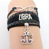 Pulseras vintage hechas a mano para mujeres Signos del zodiaco Infinito Amor 12 Constelación Virgo Escorpio Hombres Encanto Cuero Cadena trenzada Joyería Negro