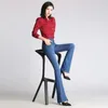 2019 Novas mulheres jeans queimaram a cintura alta elegante estilo retro sino inferior calça de jea
