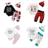 Kids Designer Clothes Boys Christmas Plaid Clothing Sets Floral Letter Printed Rompers Pants Hat Headband Long Sleeve Tops Pants Suits C6609