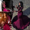 Burgundy Mermaid Prom Dreases Plus Size Sight Sheer Long Sleeves 레이스 파티 이브닝 ​​가운 섹시한 등이없는 코트 가운 아랍어 흑인 여자 드레스