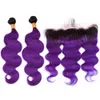 Ombre Purple Brazilian Human Hair Body Wave Wavy 2Bundles with Frontal 3Pcs Lot #1B/Purple Ombre Lace Frontal Closure 13x4 with Bundles