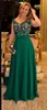 Verde A Linha Sheer Neck Mãe da Noiva Vestidos de manga curta apliques de paetês Evening Comprimento Wear assoalho com Bow Sash Prom Vestidos