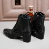 7.5 cm de tacón alto botas de los hombres botas de cuero genuino negro tobillo cremallera con cordones Chaussures Hommes zapatos de fiesta de negocios