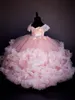 Pembe Dantel Boncuklu Çiçek Kız Elbise Balo El Yapımı Çiçekler Ucuz Küçük Kız Gelinlik Vintage Kız Elbise Modelleri