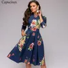 Capcines Elegent Feminino Plissado Impressão Floral A-Linha Vestido 2018 Outono Vintage 3/4 bolsos de manga casual festa vestido de festa casual