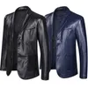 Leather Blazer Jacket For Men Fashion Loose Lapel Leather Suit Plus Size Black Blue